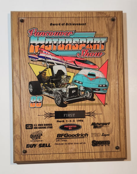 1996 Vancouver Motorsport Show Award of Achievement First Place 9" x 12" Wood Plaque Trophy