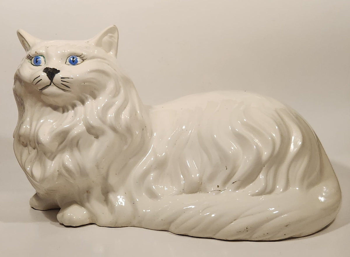 1980s Large Ceramic White Persian Cat with Blue Eyes Laying 