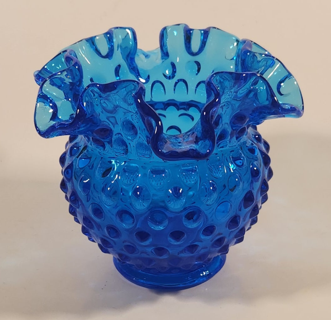 Vintage Fenton Ruffled Edge Hobnail Blue Glass Flower Vase