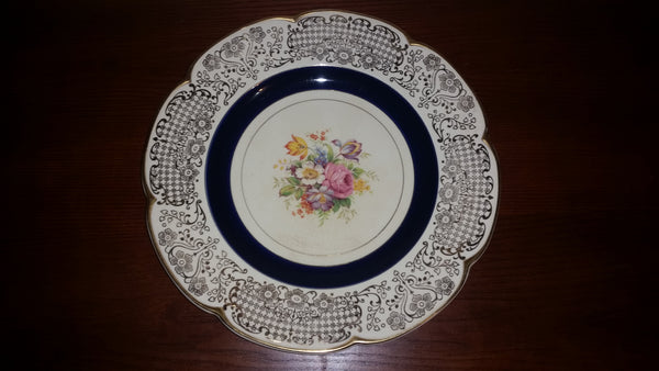 1920-1930 Wood's Ivory Ware Floral Pattern 24K Gold Gilded Charger Plate Royal Blue - Treasure Valley Antiques & Collectibles