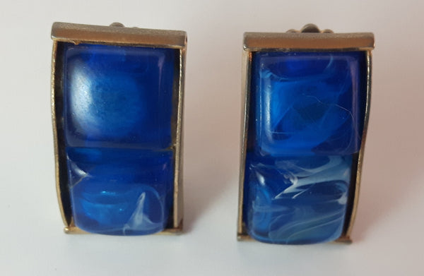 Vintage 1960s Blue Marbled Gold Tone Clip On Earrings - Treasure Valley Antiques & Collectibles