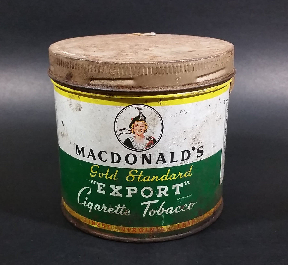 Antique 1940s Macdonald's Gold Standard Export Finest Virginia Cigarette  Tobacco Metal Tin Can