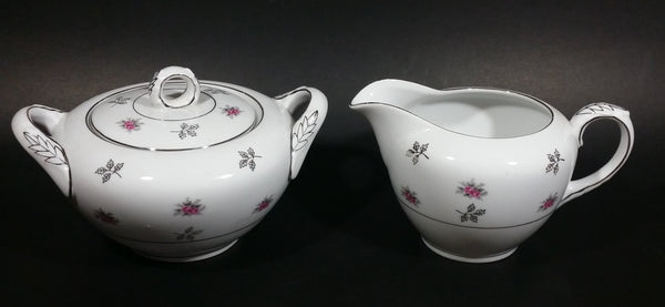 1970s Japan Rosette in Pink Floral with Silver Leaves and Trim Creamer and Sugar Bowl w/ Lid Porcelain Set - Treasure Valley Antiques & Collectibles