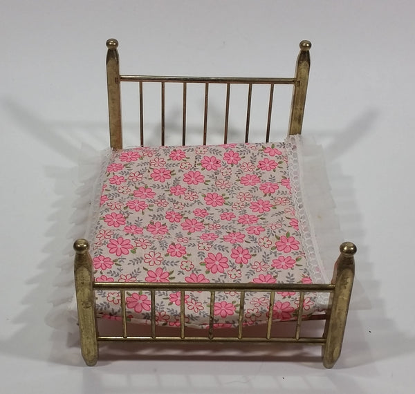 Vintage Brass Metal Doll House Bed Miniature With Thin Pink and White Mattress - Made in Taiwan - Treasure Valley Antiques & Collectibles