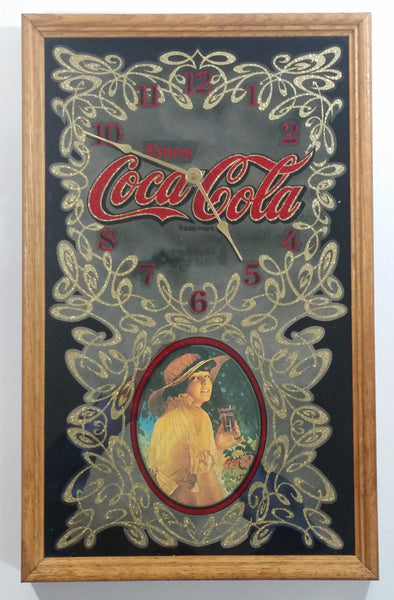 Vintage Enjoy Coca-Cola Coke Soda Pop Wood Framed Glass Mirror Advertising Clock 13 1/4" x 21 1/4"