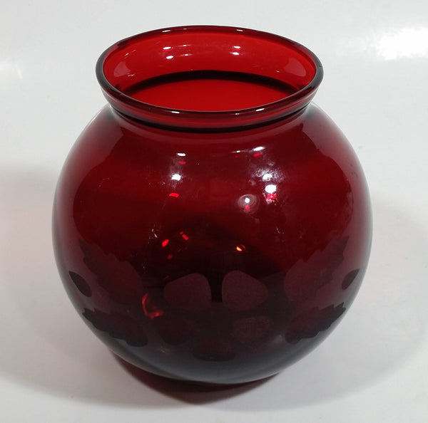 Vintage 1950s Anchor Hocking Ruby Red Bulb Shaped Glass Etched Flower Vase 3 3/4 inch Tall