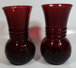 Set of 2 Vintage 1950s Anchor Hocking Ruby Red Pineapple Shaped Glass Etched Flower Vase 6 1/4 inch Tall