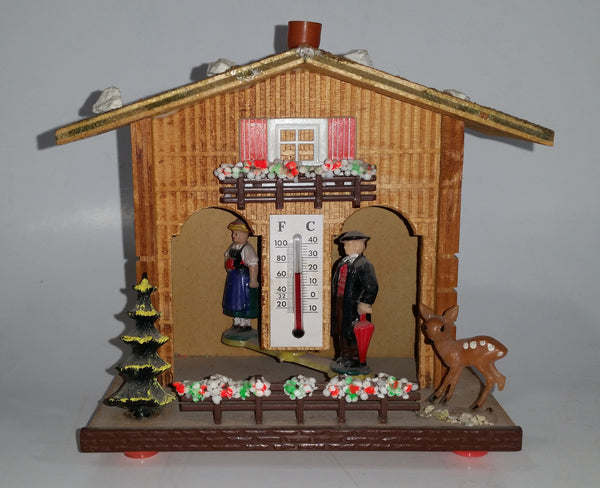 Vintage Western Germany Christmas Themed Black Forest Bavarian House Homestead Shaped Wooden and Plastic Thermometer with Man and Woman 5" Tall
