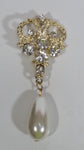 Clear Rhinestone Covered Gold Tone Crown with Dangling Pearl Style Water Drop Brooch
