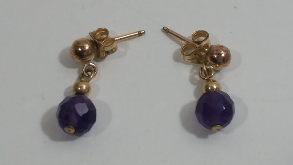 Gold Tone Purple Plastic Bead Dangle Earrings