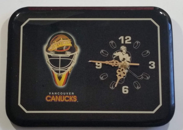 1980s Vancouver Canucks NHL Ice Hockey Team Black Lacquered Wood Wall Clock