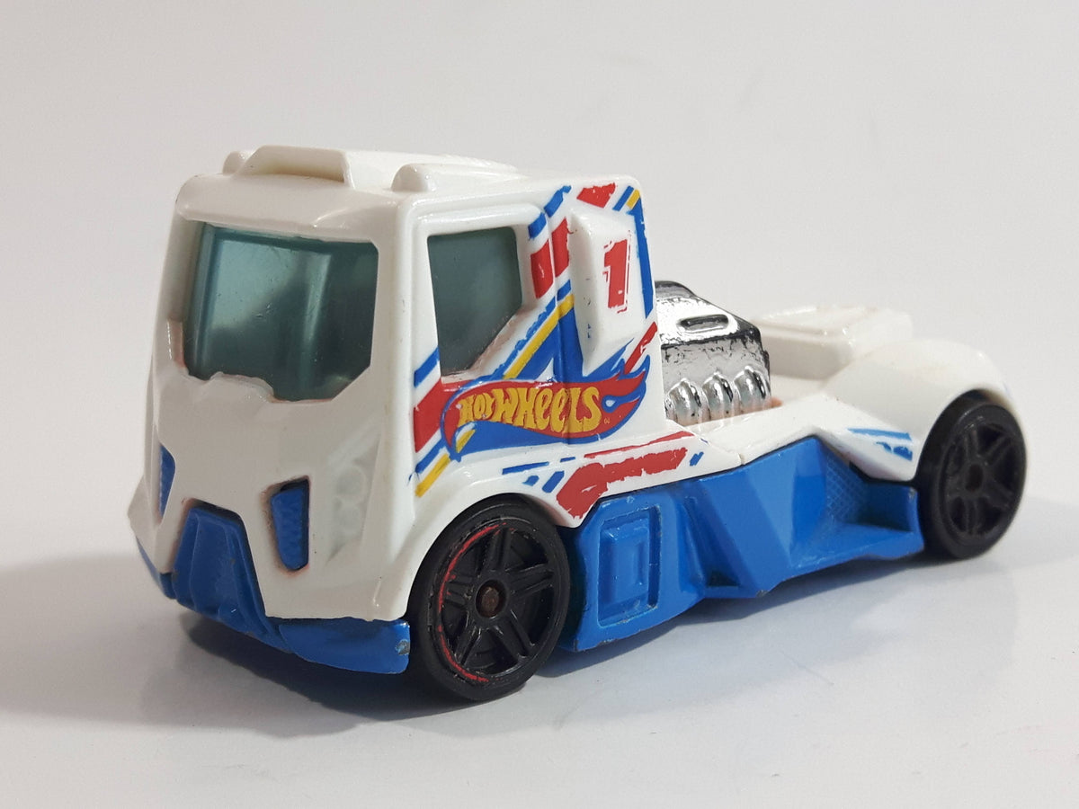 2013 Hot Wheels Hw Racing Rennen Rig White Blue Die Cast Toy Car Vehic 