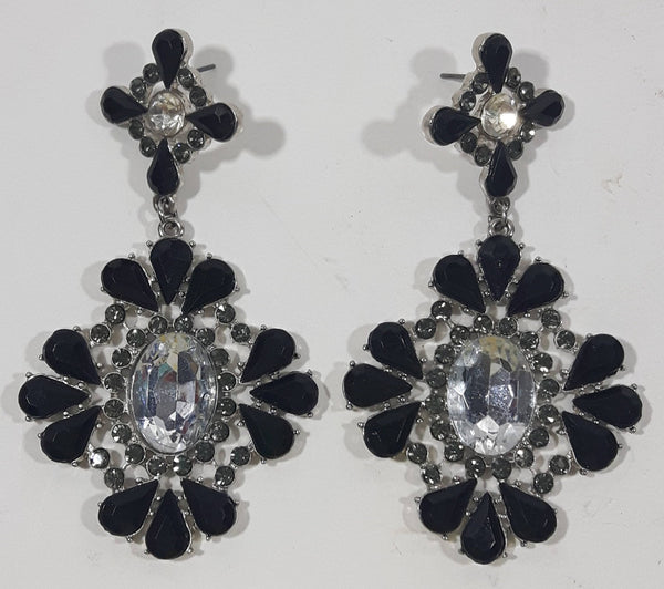 Clear and Black Plastic Style Gemstones with Clear Rhinestones 3" Long Dangling Pin Back Earrings