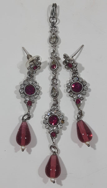 Vintage Pink and Clear Rhinestone Pin Back Earrings and Pendant Set