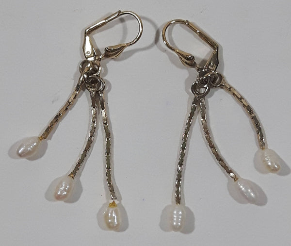 Vintage Triple Dangling Pearl Gold Tone Clip On Earrings