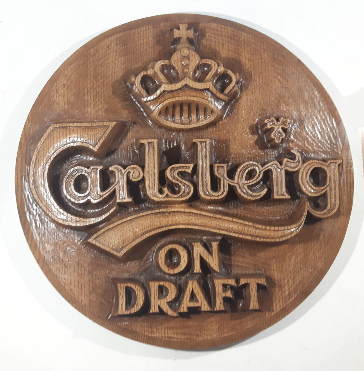 Vintage Carlsberg On Draft Faux Wood Carved Style Large 19 1/2