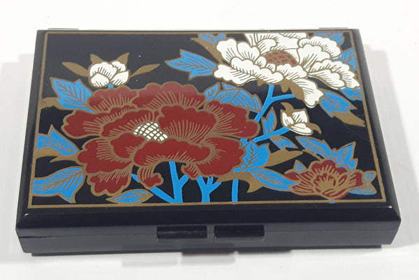 Vintage Japanese Style Hand Painted Flowers Black Plastic Tissue Holder Mirror Compact Box