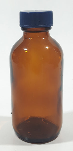 Vintage 4 1/4" Tall 6003 Brown Amber Glass Medicine Bottle with Blue Plastic Lid