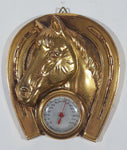 Vintage Horse Head in Horseshoe 3D Gold Tone Metal 4" x 4 1/2" Mid-Century Wall Thermometer Made in Japan