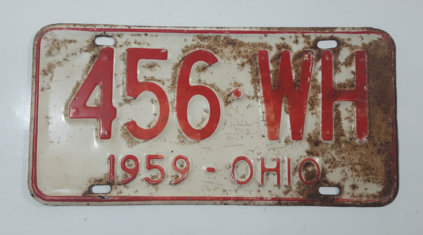 1959 Ohio Red Letters On White Metal Vehicle License Plate Tag 456 WH