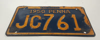 Vintage 1950 Pennsylvania Yellow Lettering Dark Blue Vehicle License Plate Metal Tag JC 761