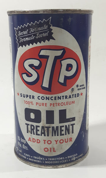 Vintage STP Secret Formula Super Concentrated 100% Pure Petroleum Oil Treatment Add To Your Oil 15 Imp. Flu, Ozs. 5 1/4" Tall Metal Can