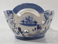 Beautiful Vintage Delft Blue Hand Painted Holland Windmill Scene With Heart Holes Double Handled Porcelain Basket