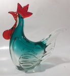Vintage Murano Style Chicken Rooster Clear Blue Red 7 1/2" Tall Art Glass Ornament