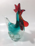 Vintage Murano Style Chicken Rooster Clear Blue Red 7 1/2" Tall Art Glass Ornament