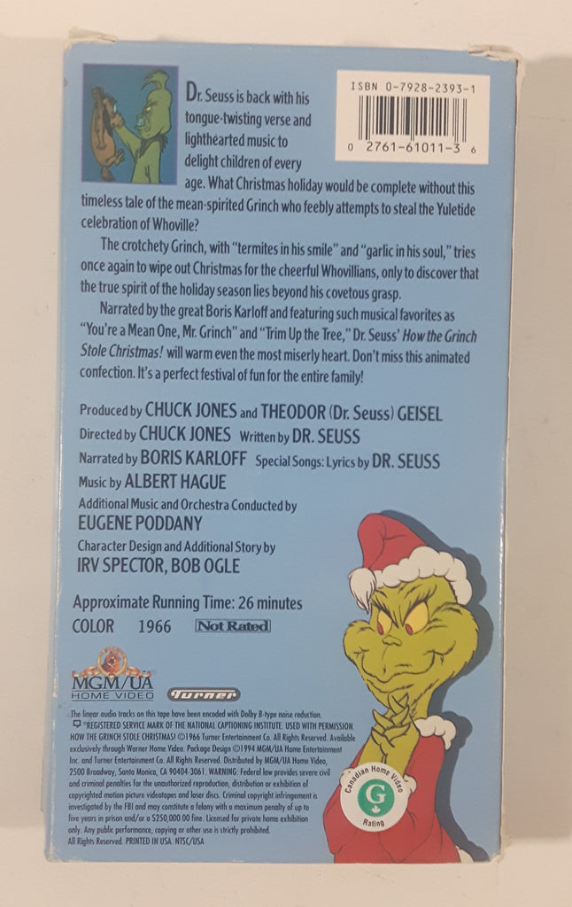 1966 MGM Dr. Seuss' How The Grinch Stole Christmas! Movie VHS Video Ca ...