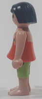 Geobra Playmobil Small Black Haired Girl Child Green Shorts Orange Blouse Tank Top 2 1/8" Tall Toy Figure