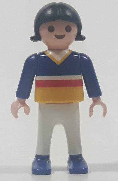 1995 Geobra Playmobil Small Black Haired Girl Child White Pants Blue Sweater with Yellow Red White Stripes 1/8" Tall Toy Figure