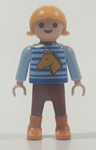 1992 Geobra Playmobil Small Blonde Child Brown Pants Blue Shirt with Horse 2 1/8" Tall Toy Figure