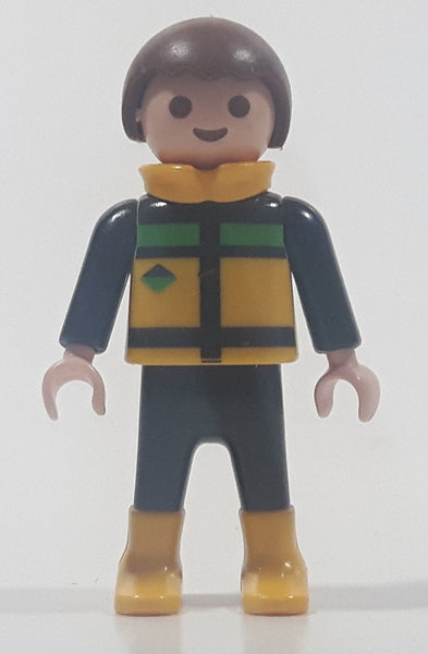 1992 Geobra Playmobil Small Brunette Child Black Pants Yellow Green Black Vest 2 1/8" Tall Toy Figure