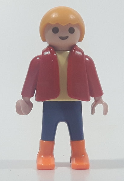 1992 Geobra Playmobil Small Blonde Boy Child Blue Pants Beige Shirt with Red Vest 2 1/8" Tall Toy Figure