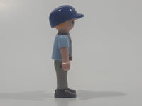 1995 Geobra Playmobil Small Blonde Boy Child Brown and Grey Overalls Light Blue Shirt Blue Hat 2 1/8" Tall Toy Figure