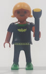 1995 Geobra Playmobil Small Blonde Girl Child Black Pants Black Shirt with Lime Green Bat 2 1/8" Tall Toy Figure with Flashlight Accessory