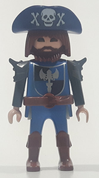 2004 Geobra Playmobil Pirate Brunette Hair and Beard Blue Clothes Black Hat 2 3/4" Tall Toy Figure