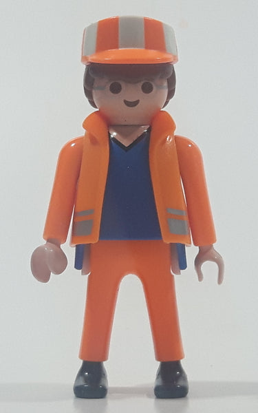 1990 Geobra Playmobil Brown Hair Orange Pants Blue Shirt Orange Jacket and Cap 2 3/4" Tall Construction Worker Toy Figure