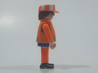 1990 Geobra Playmobil Brown Hair Orange Pants Blue Shirt Orange Jacket and Cap 2 3/4" Tall Construction Worker Toy Figure