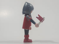 1993 Geobra Playmobil Grey Hair Armor Red Top Silver Helmet Medieval Soldier 2 3/4" Tall Toy Figure with Flag Accessory