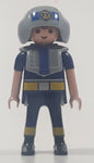 1997 Geobra Playmobil Brunette Hair Blue Uniform Grey Helmet Firefighter 2 3/4" Tall Toy Figure