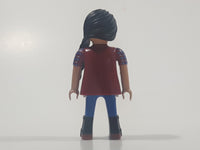 2011 Geobra Playmobil Black Braided Hair Woman with Blue Pants Dark Red Plaid Shirt 2 3/4" Tall Toy Figure