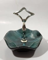 Vintage BMP Blue Mountain Pottery Blue Green Drip Glaze Candy Dish with Metal Handle