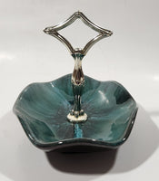 Vintage BMP Blue Mountain Pottery Blue Green Drip Glaze Candy Dish with Metal Handle