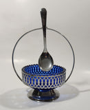 Vintage Sheffield England Cobalt Blue Glass Condiment Serving Dish in Chromium Plated Basket Holder with Spoon