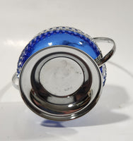 Vintage Sheffield England Cobalt Blue Glass Condiment Serving Dish in Chromium Plated Basket Holder with Spoon