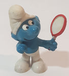 Vintage Peyo Smurfs Vanity Smurf Holding Mirror 2" PVC Toy Figure Made in W. Germany