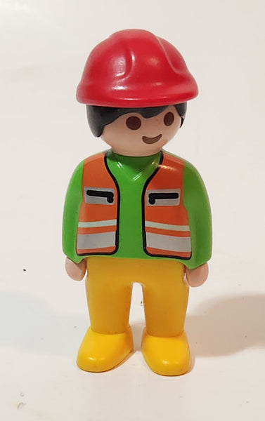 1990 Geobra Playmobil Construction Worker Green Shirt Orange Vest Yellow Pants Red Hard Hat 3" Toy Figure