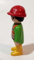 1990 Geobra Playmobil Construction Worker Green Shirt Orange Vest Yellow Pants Red Hard Hat 3" Toy Figure